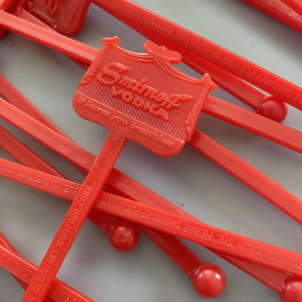 Lot 20 Vintage Smirnoff Vodka Swizzle Sticks Red Plastic Drink Stirrers Barware